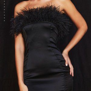 NWT House of CB SOLD OUT 'Fiesta' Black Satin Off Shoulder Feather Mini Dress